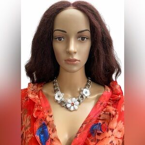 Sabika handcrafted silvertone chain link flower crystal necklace